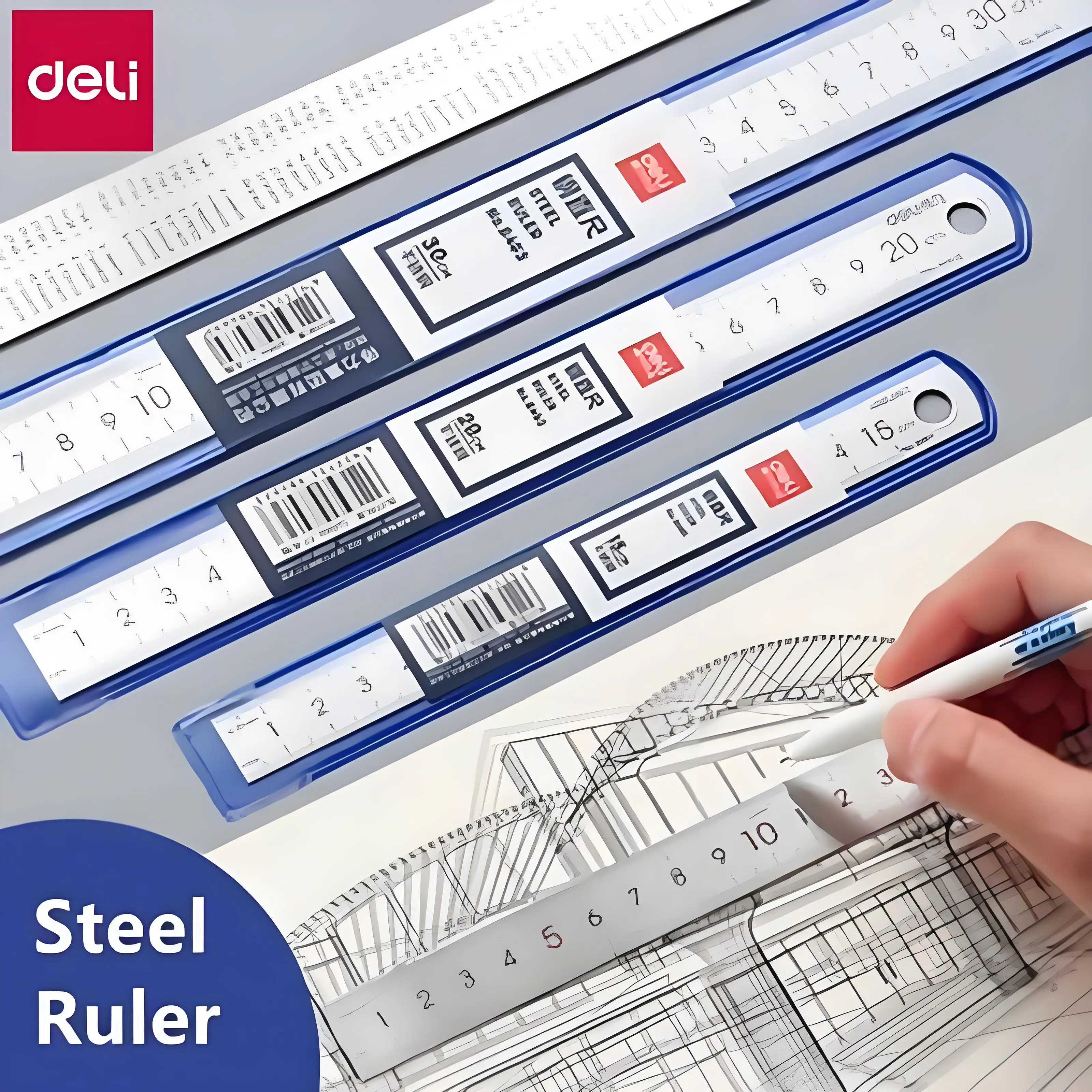 DELI Régua de metal Precison Clear Marking Craft Ferramenta de medida de rascunho para trabalho em madeira