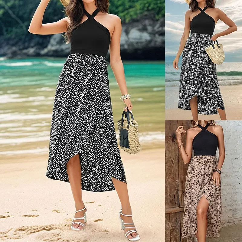 

Printing Women Dress Pullover Sleeveless Ankle Length Dresses Loose Fit Casual Vestidos Leopard 2024 Sexy Spliced Summer