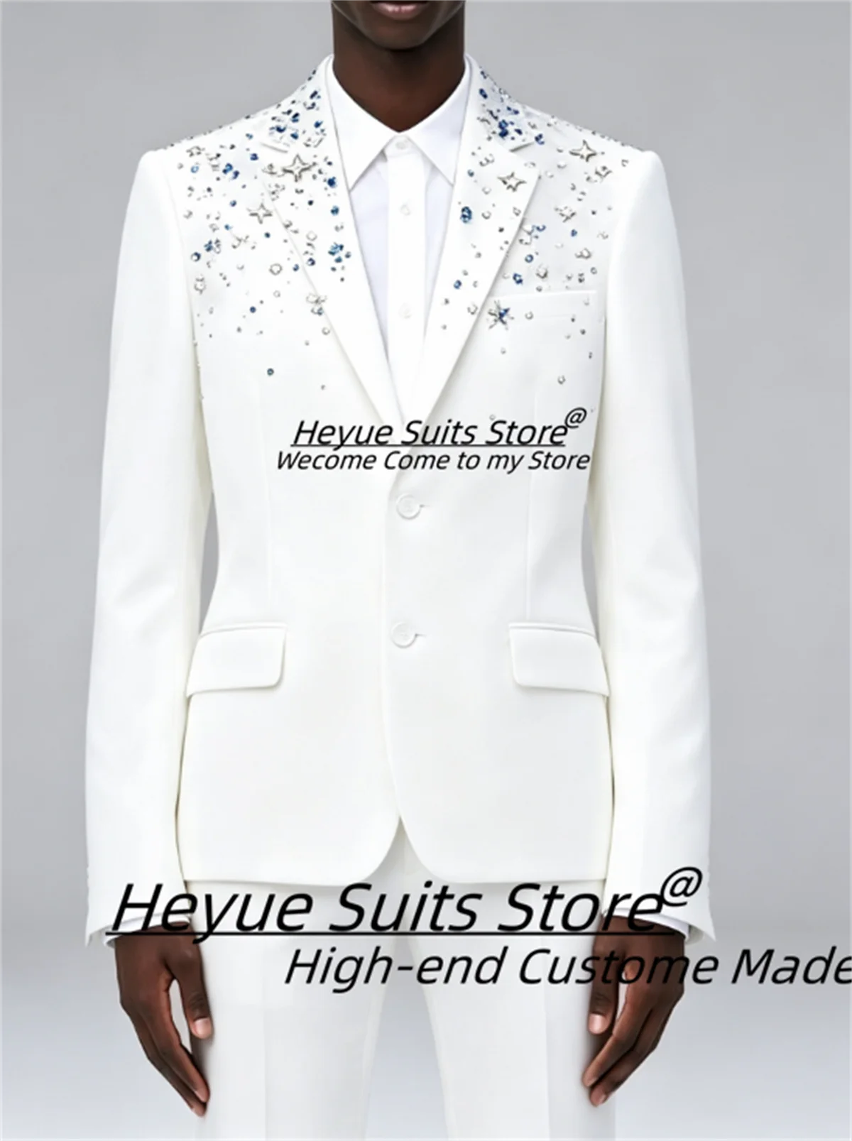 Customized White Star Rhinestone Men Suits Elegant Slim Fit Peak Lapel Groom Wedding Tuxedo Male Party Blazers Costume Homme