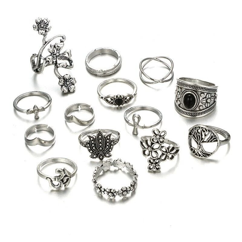 30 teil/los Großhandel Fabrik Vintage Shell Geschnitzte Blatt Finger Ringe Für Frauen Schwarz Emaille Große Blume Stern Mond Party Schmuck geschenk – Detail 17
