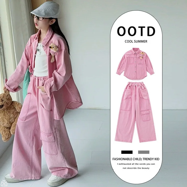 autumn children clothing suit pink Denim shirt jacket wide-leg pants 2 piece teenager girls clothes sets coat jeans kids outfits
