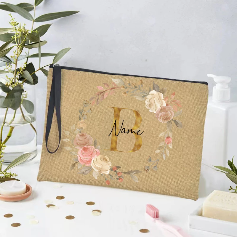 Organizador de lino con cremallera personalizado, bolsa de baño de boda, almacenamiento de inodoro de viaje, dama de honor, despedida de soltera, regalos, estuches de belleza