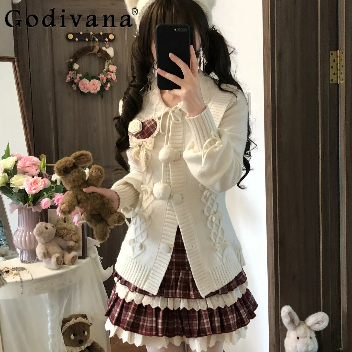 

Japanese Kawaii Girl Sweater and Skirt 2-Piece Set Spring 2026 Women's Slim Fit Knitted Top Plaid Skirt Lolita Set Style Outfit