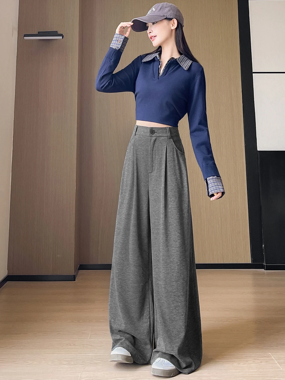 กางเกงขากว้างทรงตรงผ้าข้าวเหนียวสีโออาเอล สำหรับผู้หญิง ฤดูใบไม้ร่วง ฤดูหนาว รุ่นใหม่ เอวสูง ทรงหลวม สไตล์ลำลอง เนื้อผ้านุ่ม