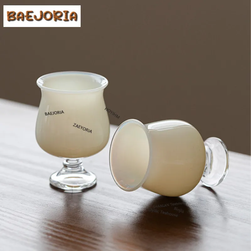 50ml Milky White Jade Transparent Glass High Foot Teacup Retro Tea Bowl Tea Pair Tea-tasting Fragrance Cup Jianzhan Master Cups