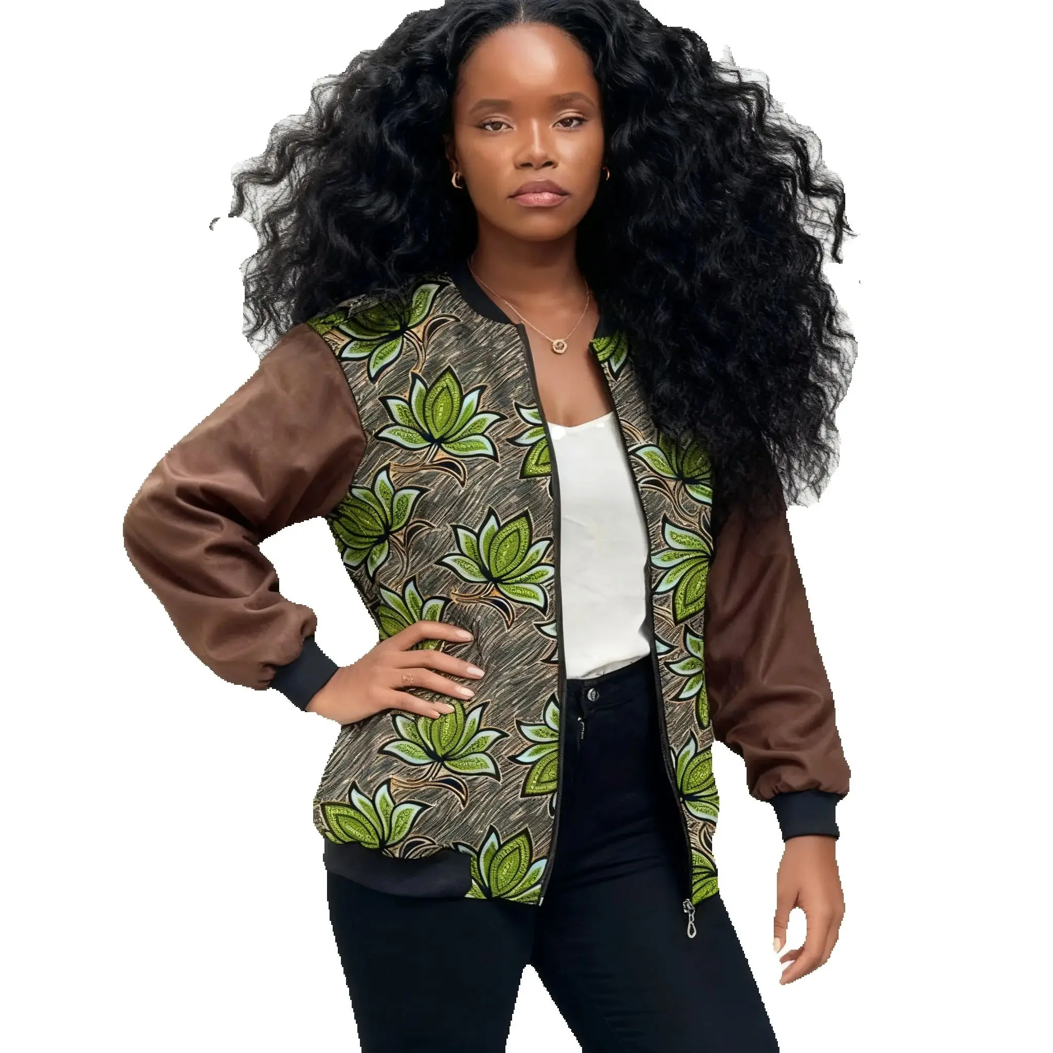 

Женская куртка-бомбер в африканском стиле от кутюр с модным принтом и зеленым листом, лоскутное пальто, уличная верхняя одежда для женщин