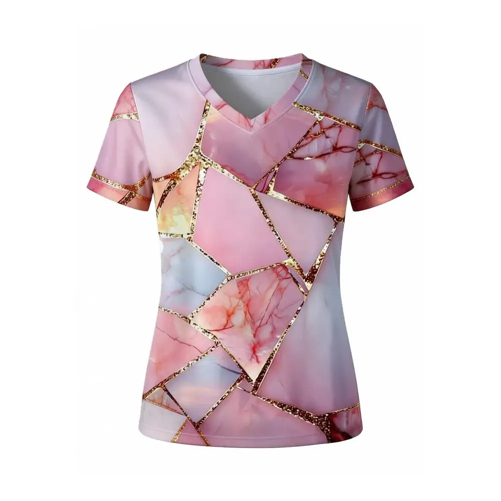Women Marble 3D Print V-neck Short Sleeve T‑Shirt Fashion Elegant Slim Fit Casual Tee Summer Ladies Abstract Daily Wear Tops