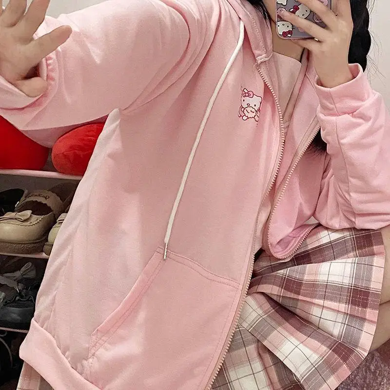 

Женская толстовка с капюшоном Kawaii Hello Kittys, весенне-осенняя куртка в консервативном стиле, топы с длинными рукавами для школьников средней школы