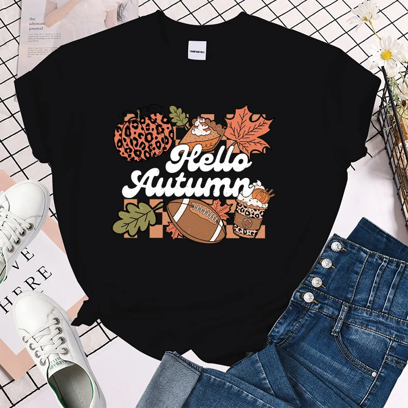 (Premium T-shirt)Hello Autumn Print T-Shrits For Women Summer Short Sleeve Round Neck Cute Loose T-Shirt Creative tops