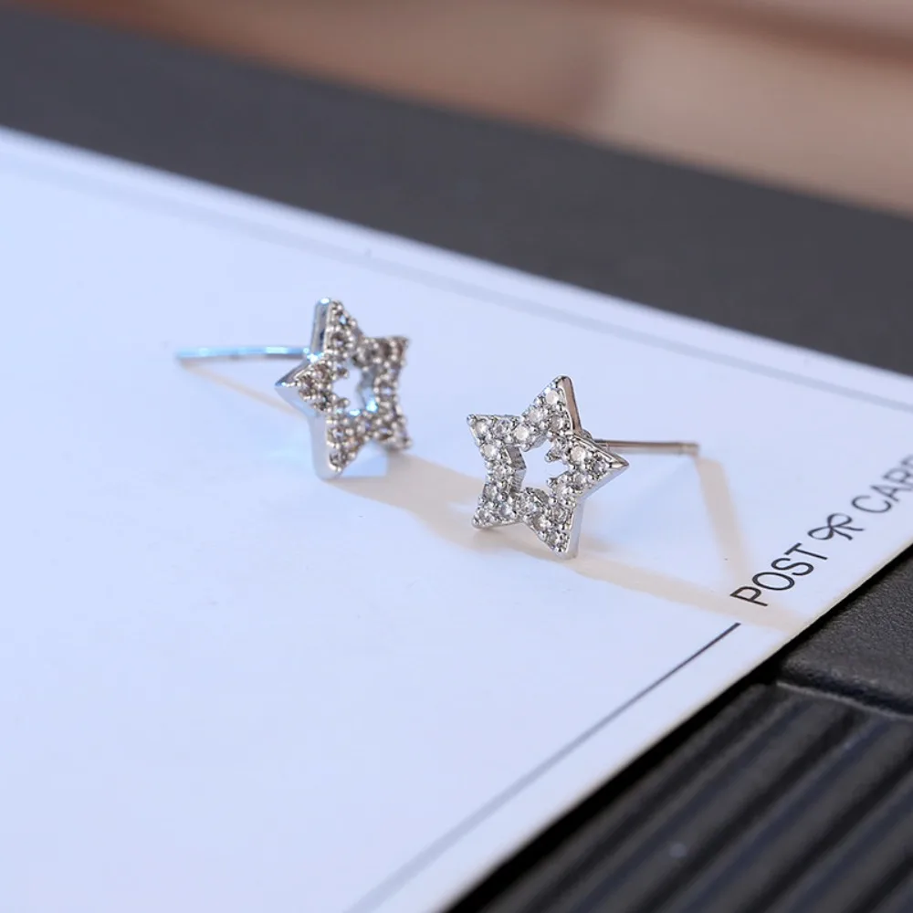 1pair Korean Micro-set Zirconia Earrings - Elegant and Individualized Hollow Mini Five-pointed Star Earrings for Women