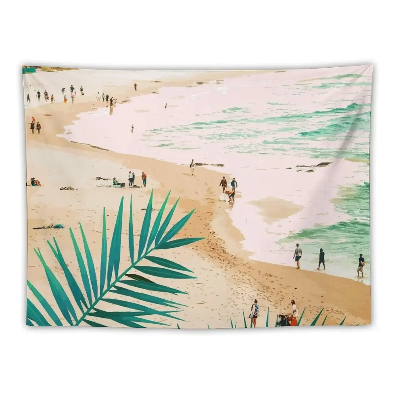 Beach Weekend | Pastel Ocean Sea Tropical Travel | Scenic Sand Palm People Boho Vacation Tapestry Room Decorator Tapestry