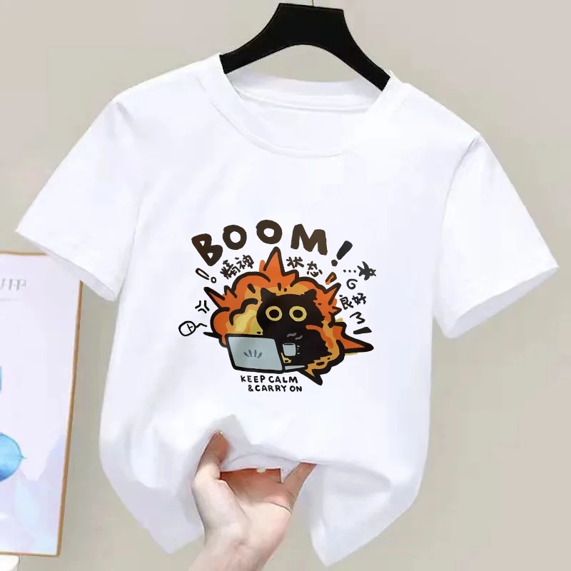 New Kawaii Good Mental State Pure Short Sleeved T-shirt for Kids Women Tee Clothes Loose Casual Y2K Cartoon Oversized Tops