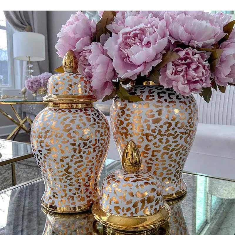 Gold-plated Storage Jar Ceramic Ginger Snake Skin/Leopard Print General Tea Canister Desk Decoration Cosmetic Container