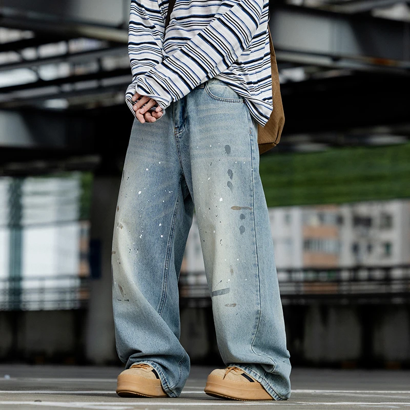 2025 outono americano retro pintura respingo tinta moda masculina marca na moda solta, simples, versátil cor sólida jeans lavados