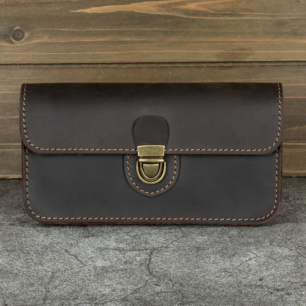 Top‑Layer Cowhide Genuine Leather Men Belt‑Mounted Waist Bag Metal Lock Clasp Flap‑Cover Pouch Outdoor Multi‑Purpose Storage Bag