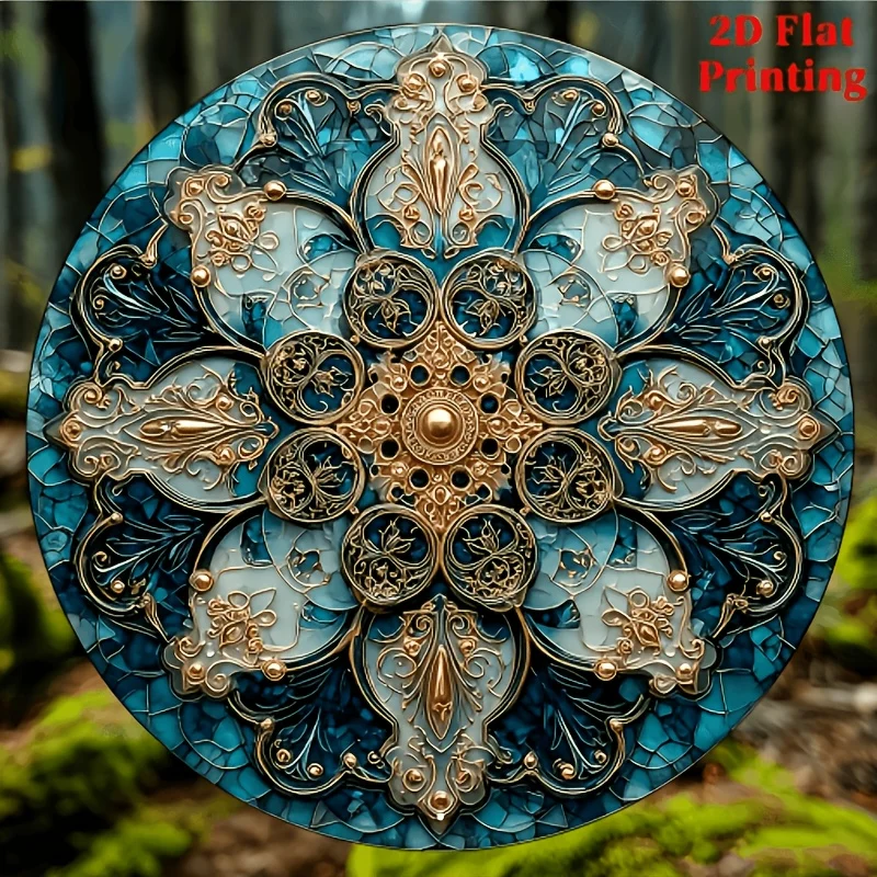 2D Flat, 1pc, Aluminum Metal Round Sign, Bohemian Style, Blue and Golden Mandala. Suitable for Courtyard, Kitchen, Home, Office,
