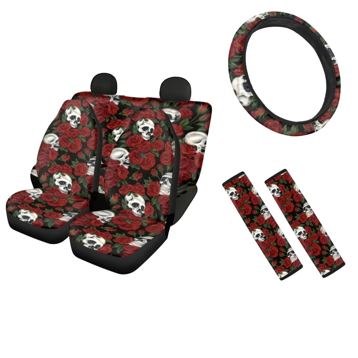 

Front and Back for Vehicle Seat Covers Gothic Skull With Rose Shoulder Strap Pads Set of 2 Sweat Absorption Steering Wheel Cover