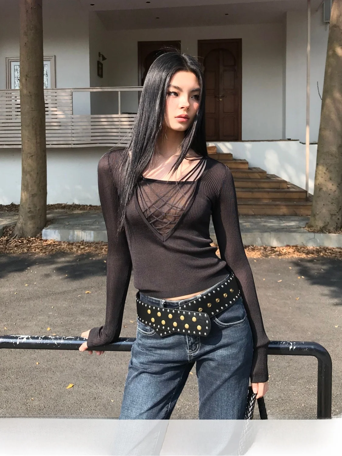 

Женский топ Audwyn, вязаный вручную, приталенный, с длинным рукавом, имитация двухслойности, уличный стиль, V-образный вырез, зимняя новинка