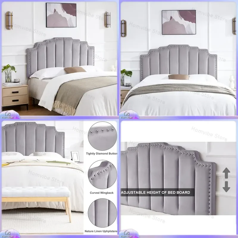 Medieval Velvet Upholstered Headboard with Nailhead Trim Adjustable Folding Solid Wood Bed Frame Headboard for Bedroom