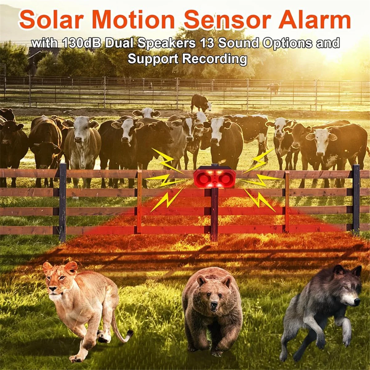 Solar Outdoor Motion Sensor Alarm with 13 Sound,130db Dual Speaker Motion Detector Alarm Light with Remote for Farm Yard