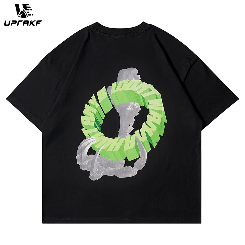 UPRAKF Pure Cotton Summer T Shirt Letter Circle Skull Hand Graphic Oversize Tees Harajuku Casual Comfortable Tops Short Sleeve