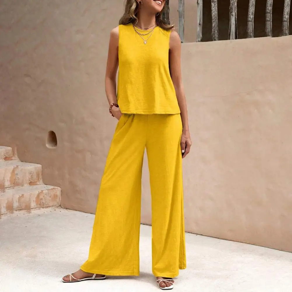 

2 Pcs/Set Women Vest Pants Suit Round Neck Sleeveless Top High Waist Wide Leg Trousers Vacation Outfit Summer Beach Clothes