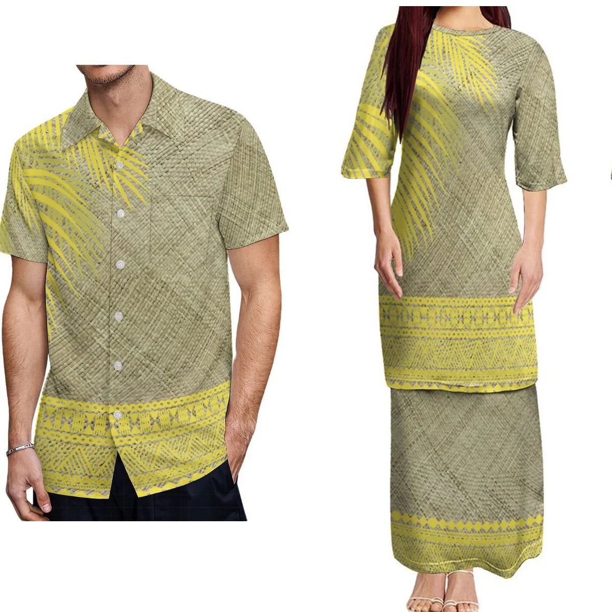 

2024 Ethnic Dress Fashion Puletasi Two-Piece Women'S Crew Neck Dress Polynesian Island Design Pattern With Men'S Casual Shirt