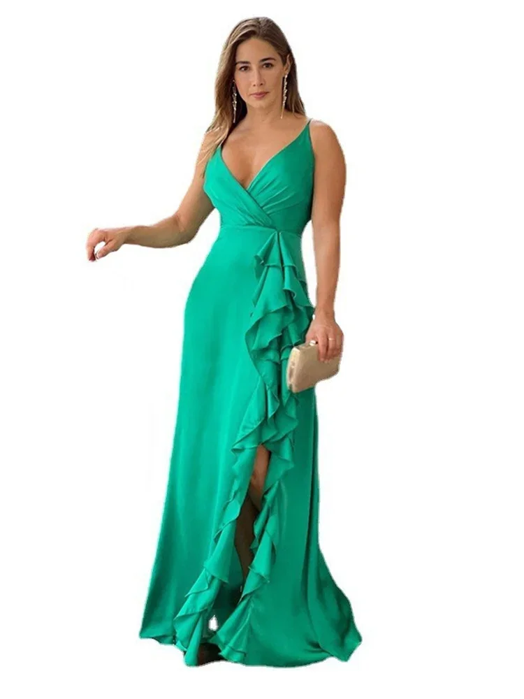 Wmstar Dresses Women Sexy Fashionable Slip V Neck Nightclub Slip Hem Party Full Length Maxi Dress Wholesale Dropshipping 2024