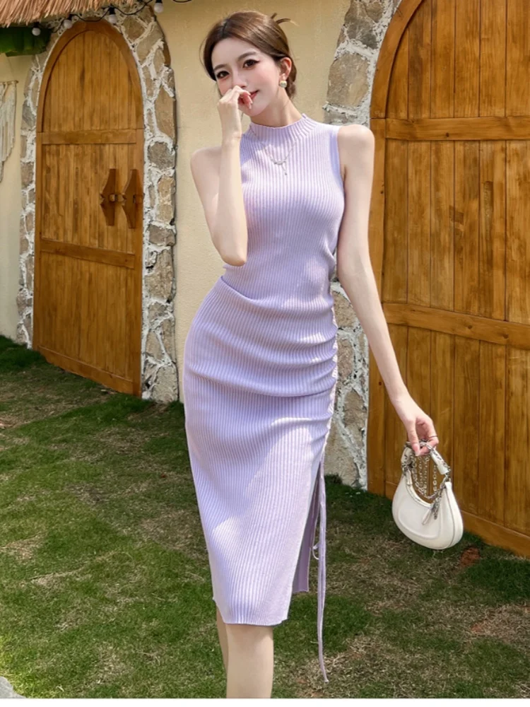 

SMTHMA French Stand Collar Sleeveless Knitted Dress For Women's New Summer Sexy Split Temperament Long Dresses
