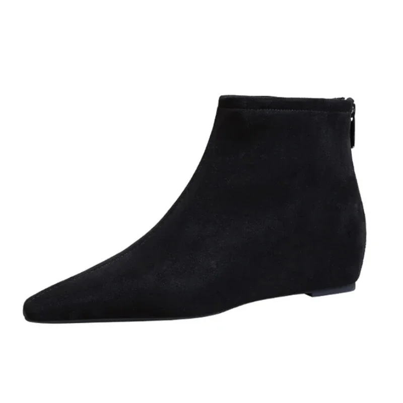 

2025 Solid Color Imitation Suede and Ankle Boots Pointed 5cm Wedge Heel Winter Short Boots Rear Zipper Retro Women's Shoes 34-40