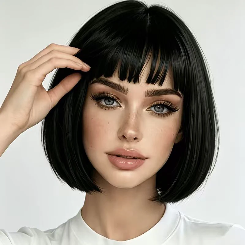 12-inch black straight bob synthetic wig, a simple and stylish everyday look for women