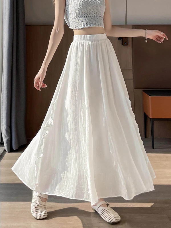 Yellow Cotton Linen Gored Skirt Women's High Waist A-Line Long Skirt Summer Fashionable Semi-Body Skirt for Pear Shaped Body