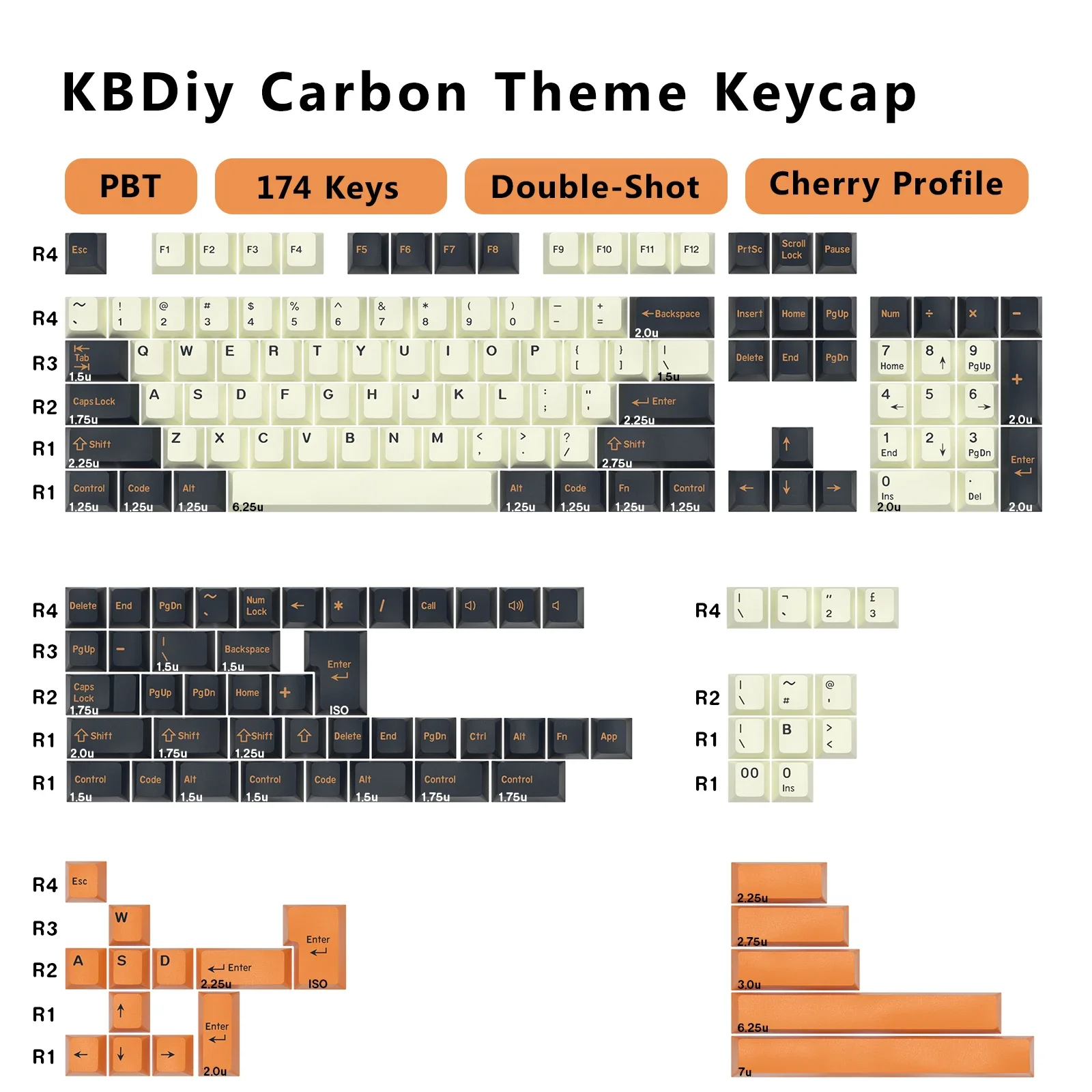 

KBDiy 174 Keys/Set PBT Cherry Profile Double Shot Carbon Keycaps for Mechanical Keyboard Keycap Custom for ak820 pro mad 68he 60