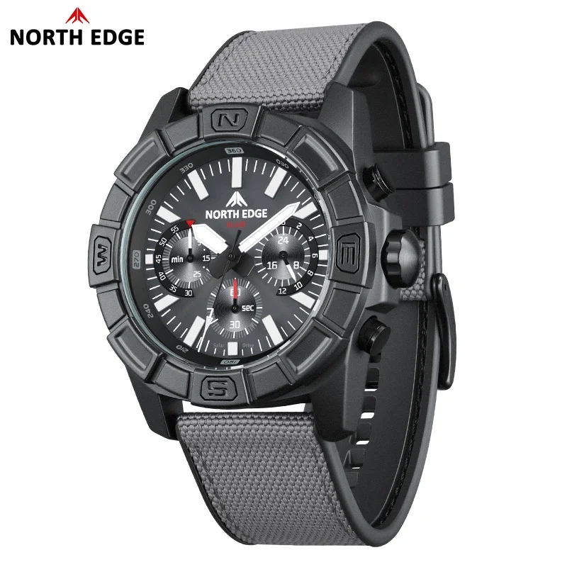 NORTH EDGE BLAZE Men's Watches Solar Power 316 Stainless Steel Case Quartz Watch For Men Pilot Sports Waterproof 50M Stopwatch
