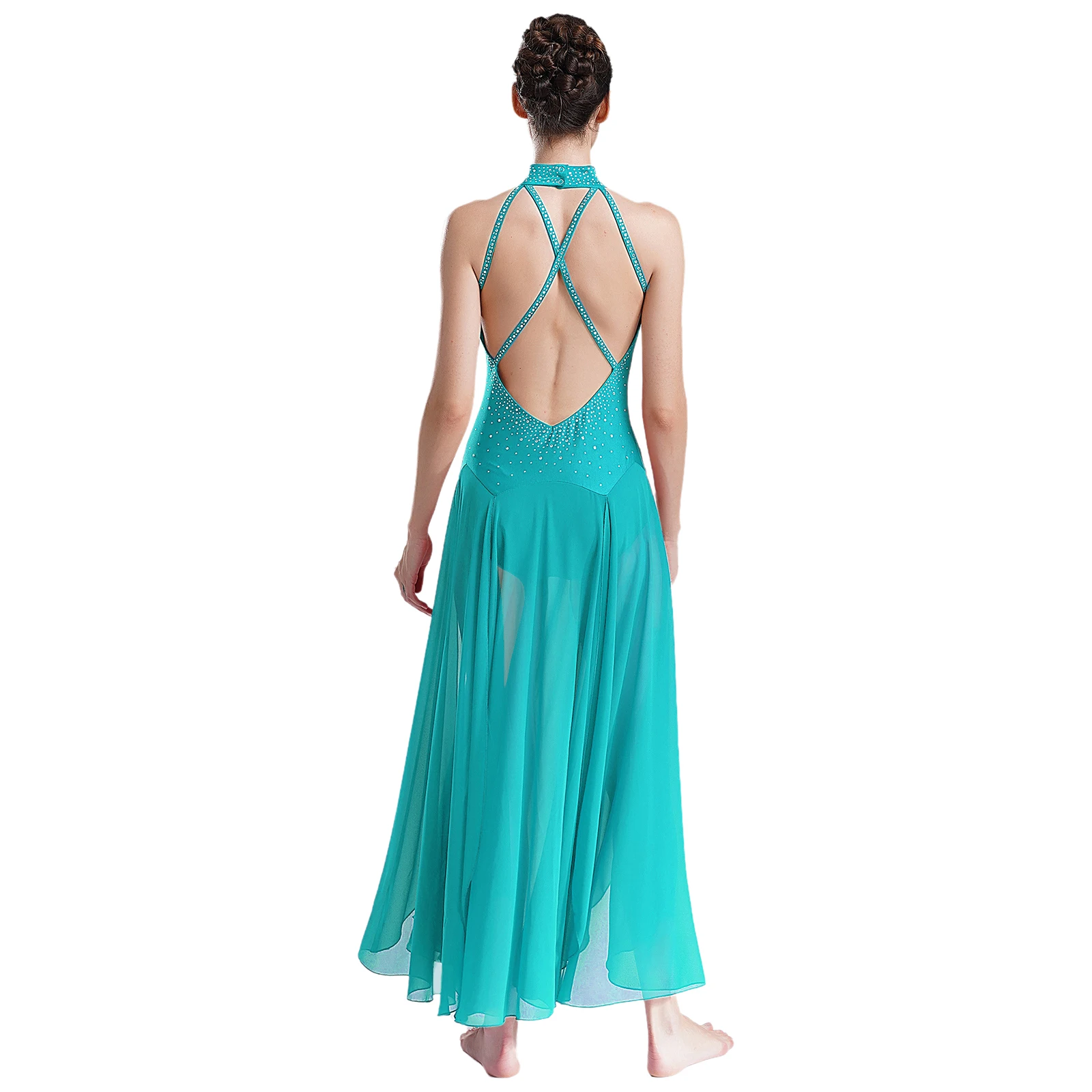 Womens Modern Lyrical Dance Costume Halter Strappy Back Shiny Rhinestones Split Ballet Dress for Stage Performance Competition