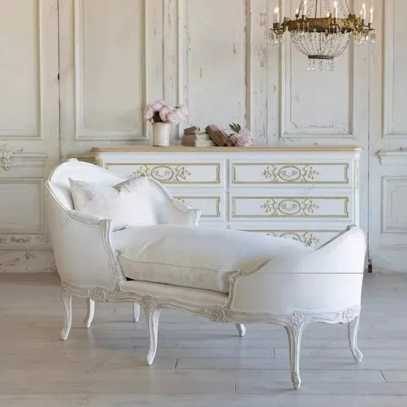 X-S solid wood carving flower concubine couch balcony leisure recliner neoclassical retro fabric HG