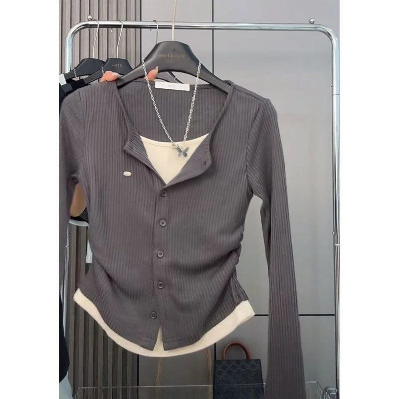 Knit T-Shirt for Women Casual Vintage Long Sleeve Spring Conceal Meat Slimming Top Round Neck Commute 2025 Autumn Tops