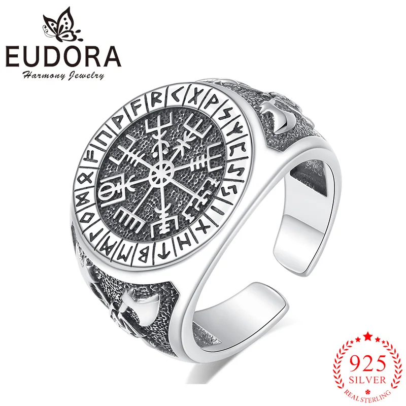 

Eudora 925 Sterling Silver Viking Compass Ring Opening Adjustable Amulet Ring For Women Man Personality Punk Jewelry Gift