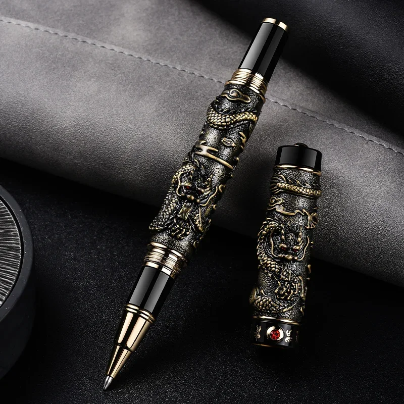 Jinhao Vintage Luxurious Rollerball Pen Double Dragon Playing Pearl, Ancient Gray Metal Carving Embossing Heavy Pen Collection