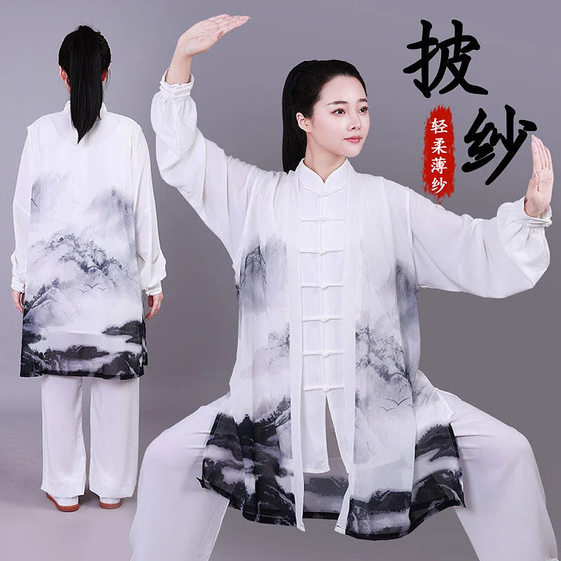 Tai Chi Suit 3 Piece Set Unisex Light Flowing Mountain Cloud Print Cape Wushu Kung Fu Morning Exercise Team Performance Clothing