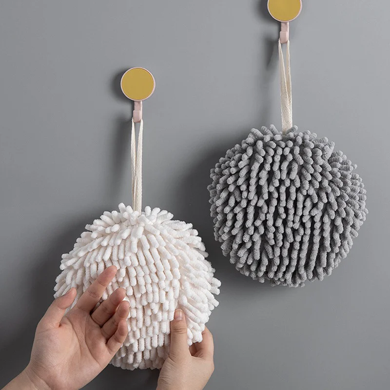 

Household Chenille Hand Towels Kitchen Bathroom Hand Towel Ball with Hanging Loops Quick Dry Soft Absorbent Microfiber Towels