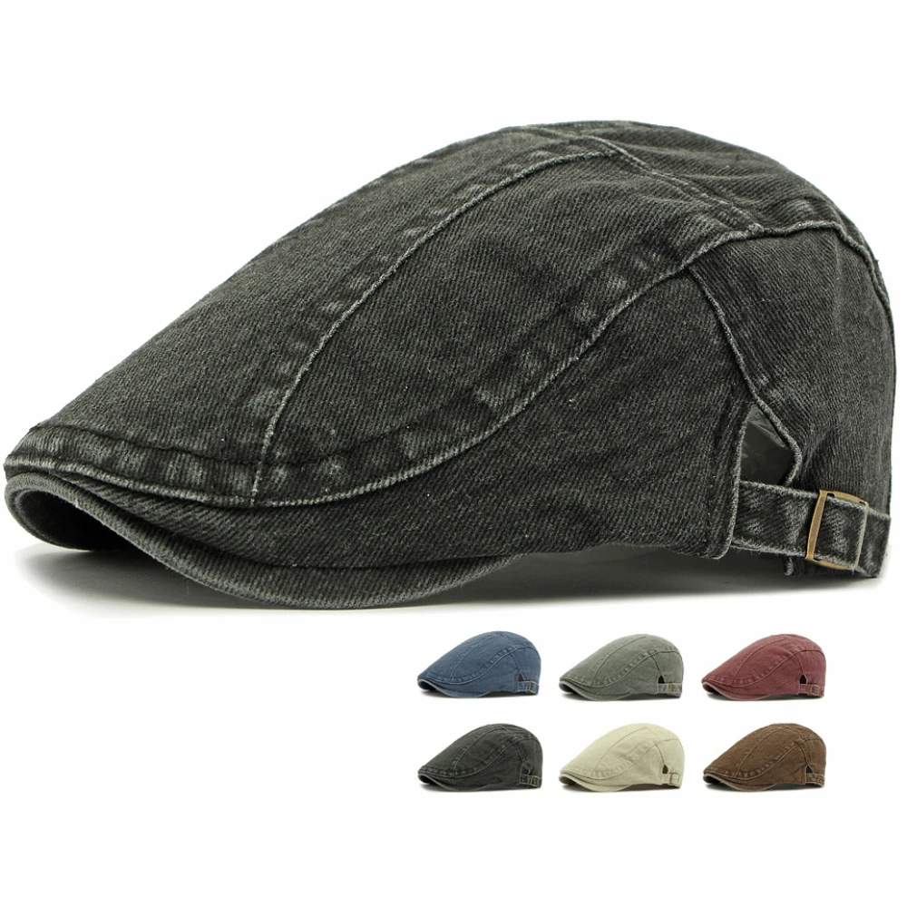 

HT4796 Classic Beret All Seasons Denim Caps for Men Women Retro 100% Washed Cotton Ivy Flat Cap Male Female Adjustable Beret Cap