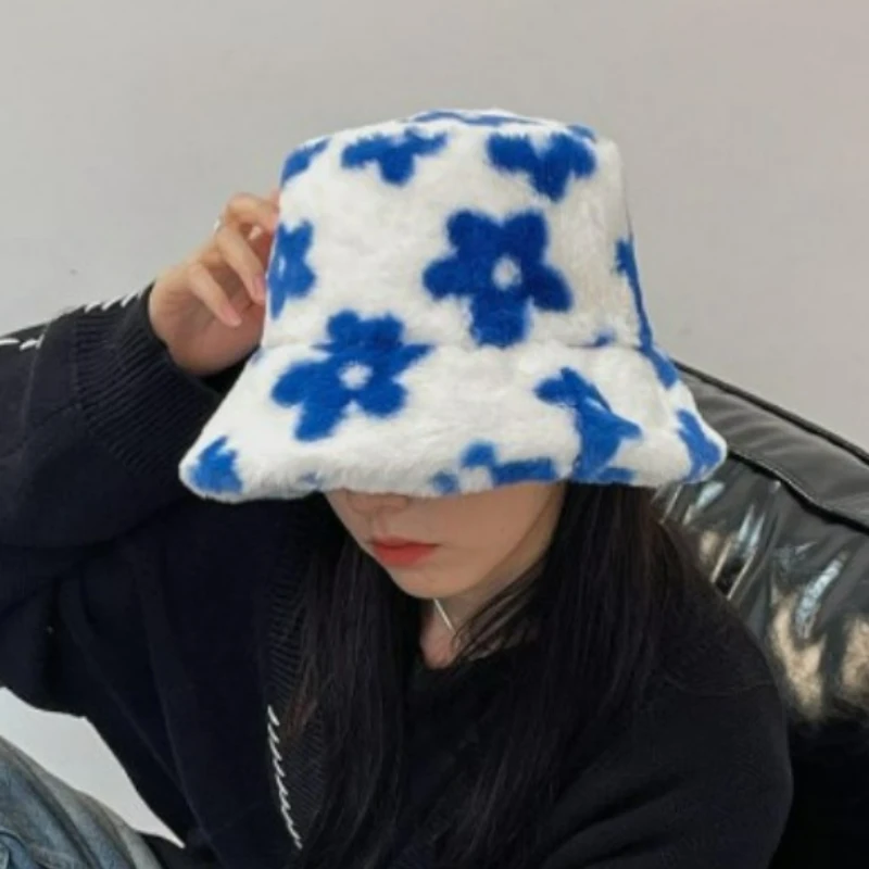 New Floral Plush Bucket Hat for Women Fur Fisherman Cap Winter Thick Warm Panama Caps Soft Velvet Furry Basin Hat Flower Bonnet