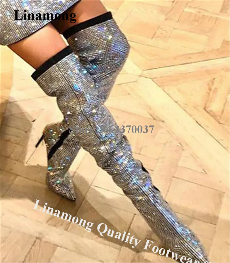 

Bling Bling Rhinestones Boots Linamong Newest Pointed Toe Crystals Over Knee Stiletto Heel Boots Shining Black Slim Long Boots