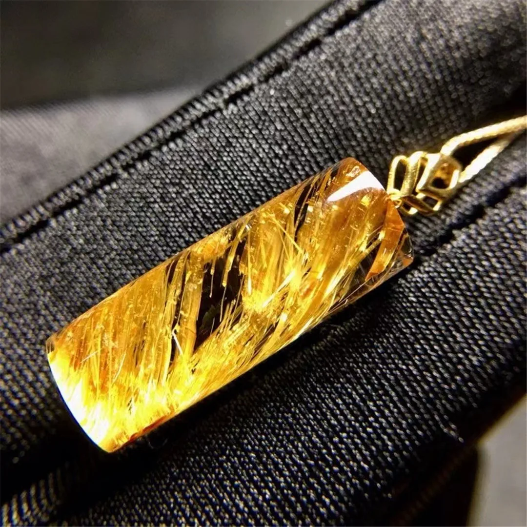 Natural Gold Rutilated Quartz Pendant Jewelry For Woman Man Gift 18K Gold Gemstone Clear Crystal 22x8mm Beads AAAAA