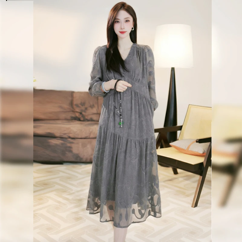 

Linda Sister High-End Early Autumn Lazy Ele Women's Dr 4LJS044 Polyester Fiber High Waist A-Line Midi Dr V-Ne ...