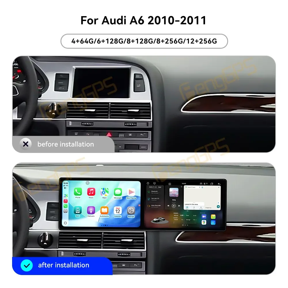 Dual Screen 9.1 Inch Android 15 CarPlay Car Radio Touch Screen Multimedia Player GPS Navigation DSP Auto for Audi A6 2010-2011