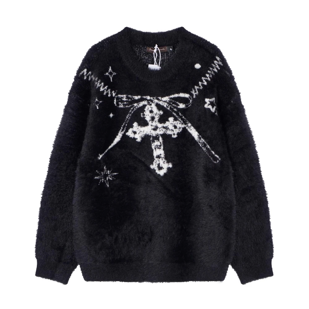 New Winter Thicken Hair Knit Jumpers Dark Punk Graphic Jacquard Sweaters Oversized Full Sleeve Sweatshirts Harajuku Students Top