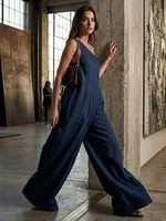 Yeezzi 2026 New Women Fashion High Street Imitation Denim Wide Leg Jumpsuits Summer One Shoulder High Waisted Casual Romper