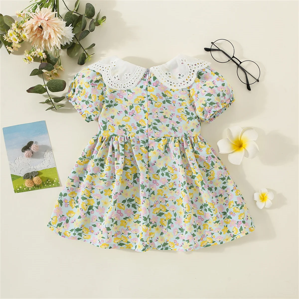 2 pezzi/set della nuova estate vestito floreale per bambini con risvolto manica corta gonna in Chiffon al ginocchio per l\'uso quotidiano